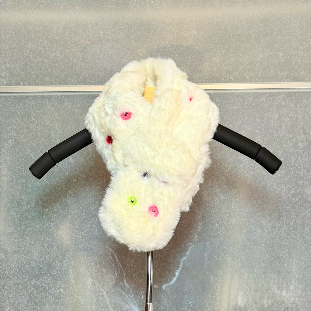 Fluffy White Neck Scarf with Colorful Button Accents